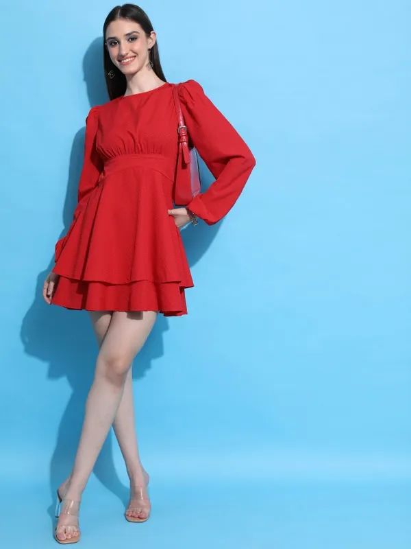  Tokyo Talkies Women Red Self Design Fit And Flare Dresses