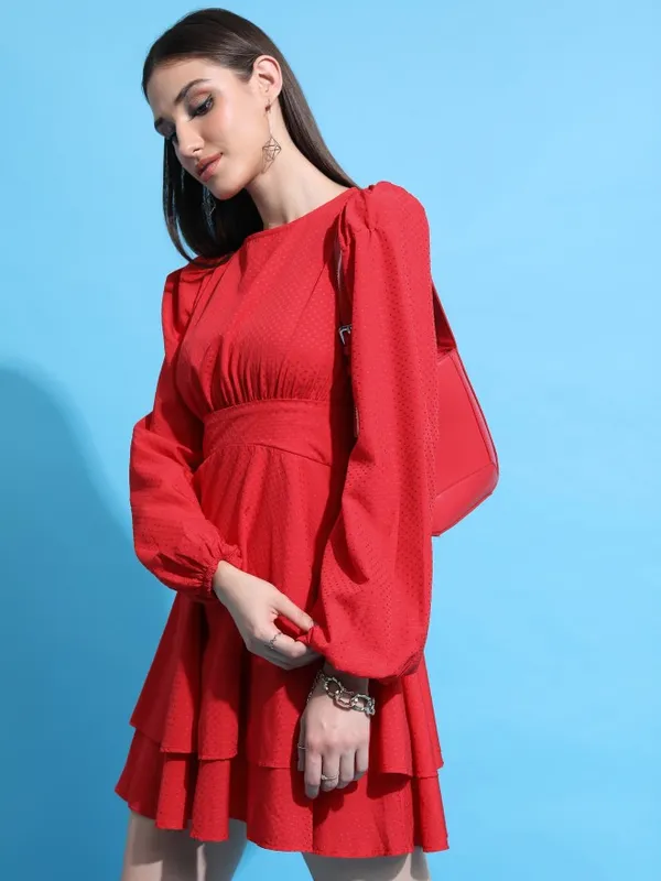  Tokyo Talkies Women Red Self Design Fit And Flare Dresses