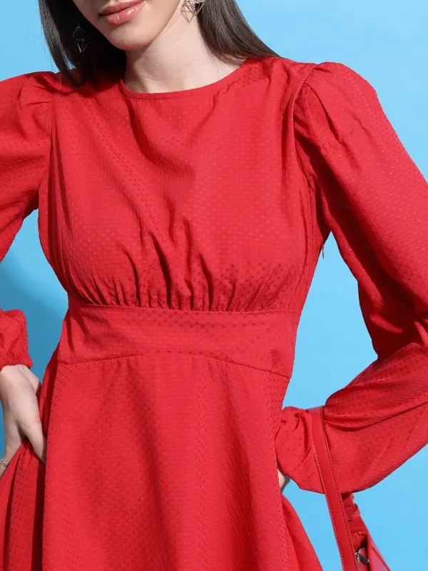  Tokyo Talkies Women Red Self Design Fit And Flare Dresses