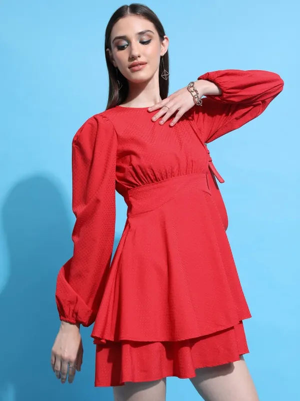  Tokyo Talkies Women Red Self Design Fit And Flare Dresses