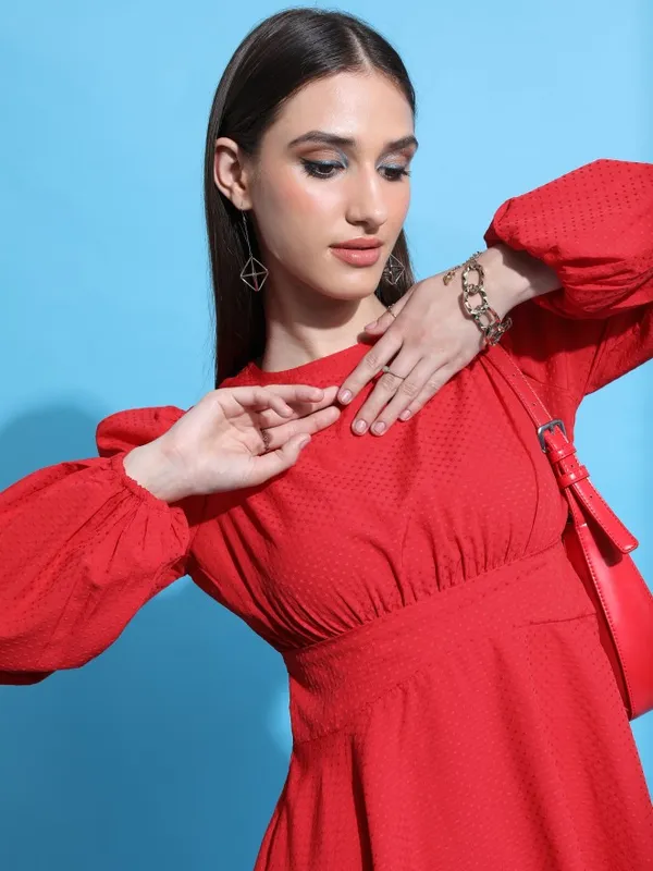  Tokyo Talkies Women Red Self Design Fit And Flare Dresses