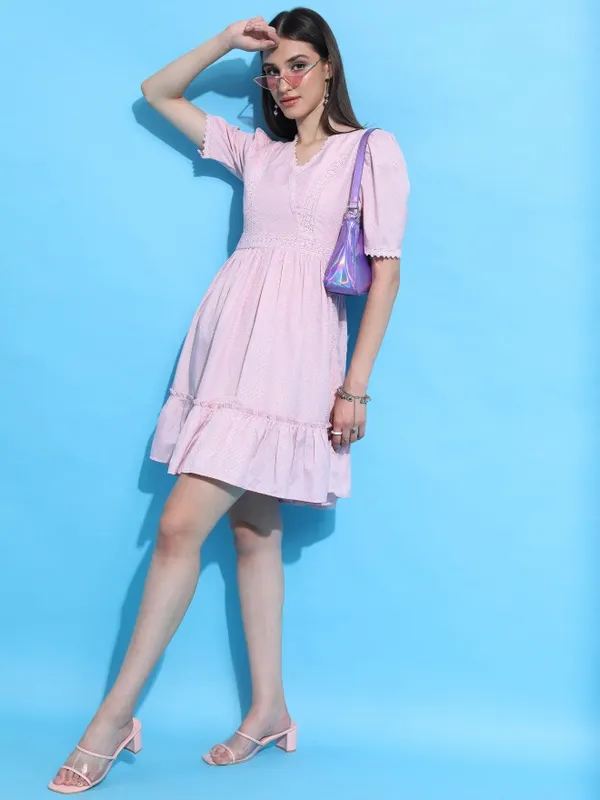 Tokyo Talkies Women Pink Self Design A-Line Dress