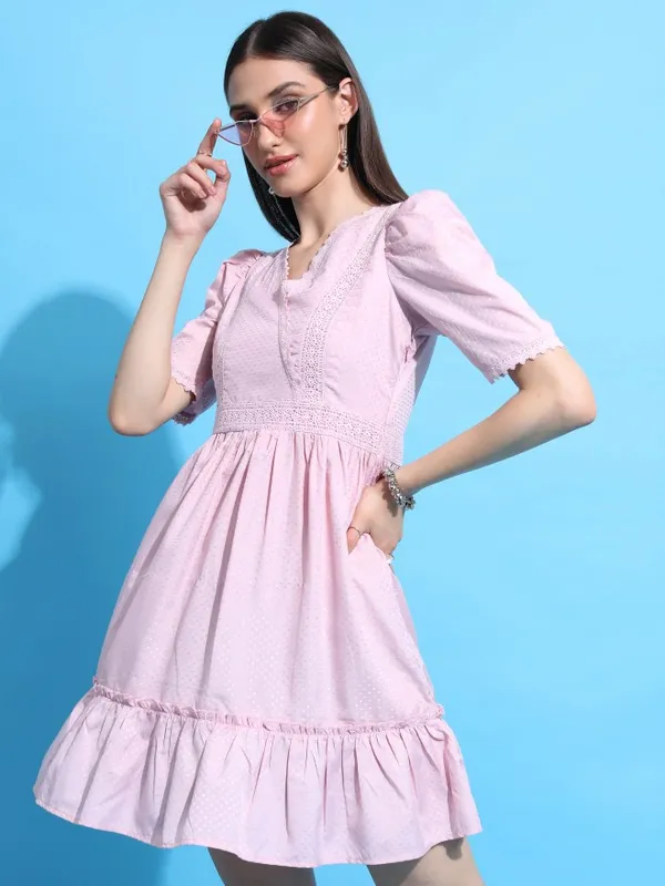 Tokyo Talkies Women Pink Self Design A-Line Dress