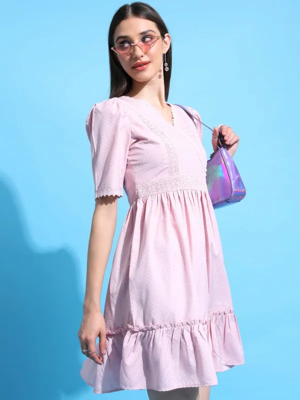 Tokyo Talkies Women Pink Self Design A-Line Dress
