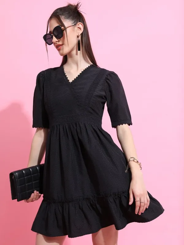 Tokyo Talkies Women Black Self Design A-Line Dress