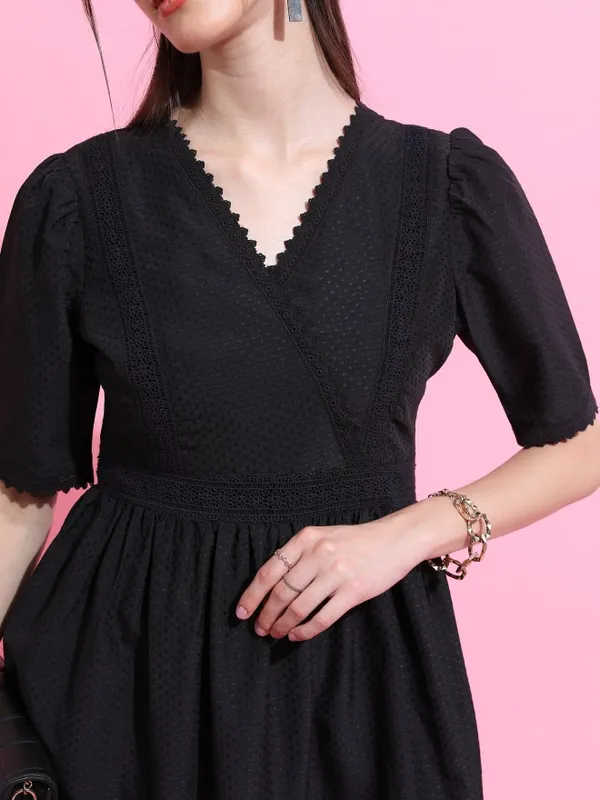 Tokyo Talkies Women Black Self Design A-Line Dress