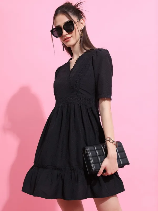 Tokyo Talkies Women Black Self Design A-Line Dress