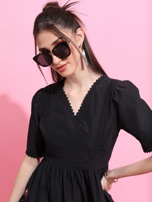 Tokyo Talkies Women Black Self Design A-Line Dress