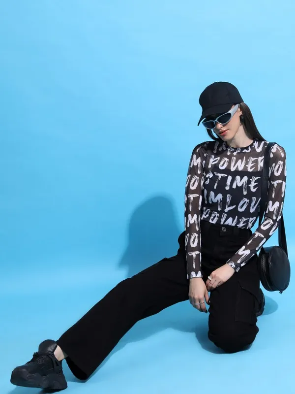 Tokyo Talkies Women Black Printed Fitted Top