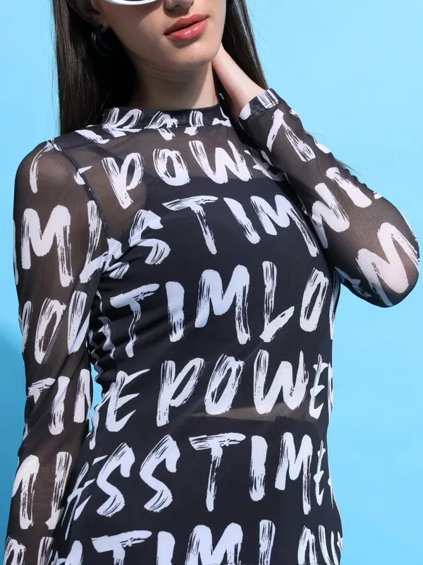 Tokyo Talkies Women Black Printed Fitted Top