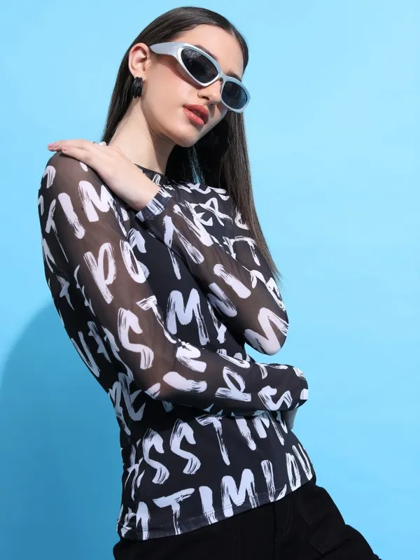 Tokyo Talkies Women Black Printed Fitted Top