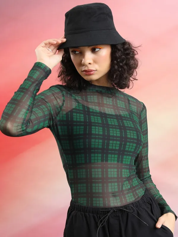  Tokyo Talkies Women Green Checked Regular Tops