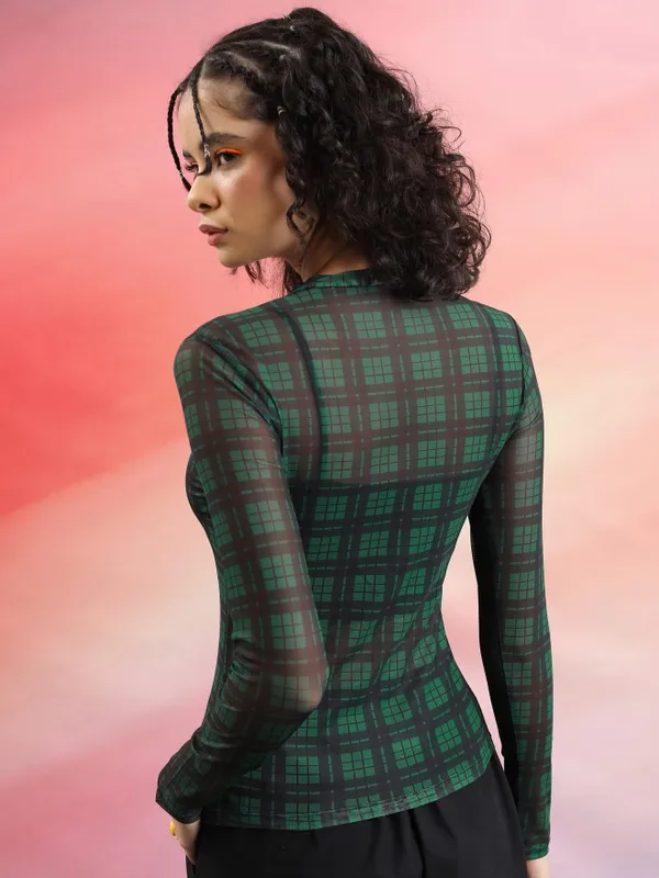  Tokyo Talkies Women Green Checked Regular Tops