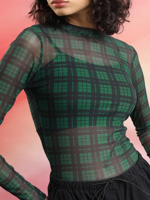  Tokyo Talkies Women Green Checked Regular Tops