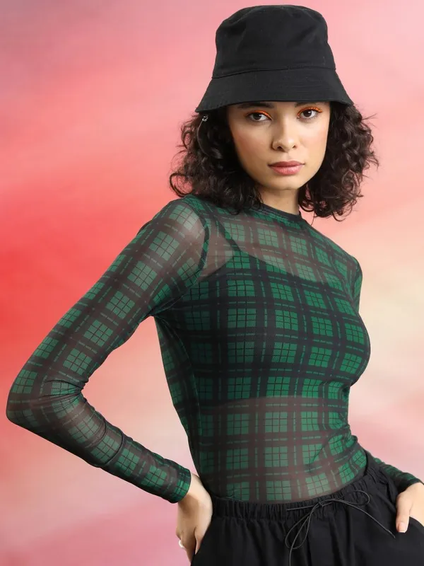  Tokyo Talkies Women Green Checked Regular Tops