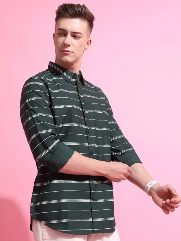 Highlander Men Olive Striped Slim Fit Casual Shirts