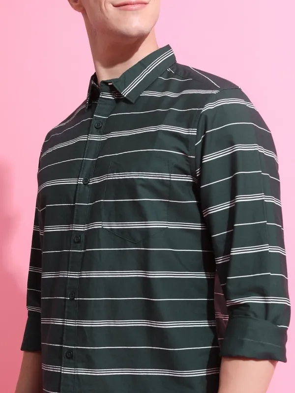  Highlander Men Olive Striped Slim Fit Casual Shirts