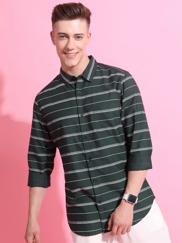  Highlander Men Olive Striped Slim Fit Casual Shirts