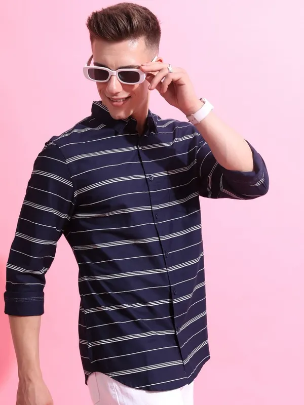 Highlander Men Navy Blue Striped Slim Fit Casual Shirts