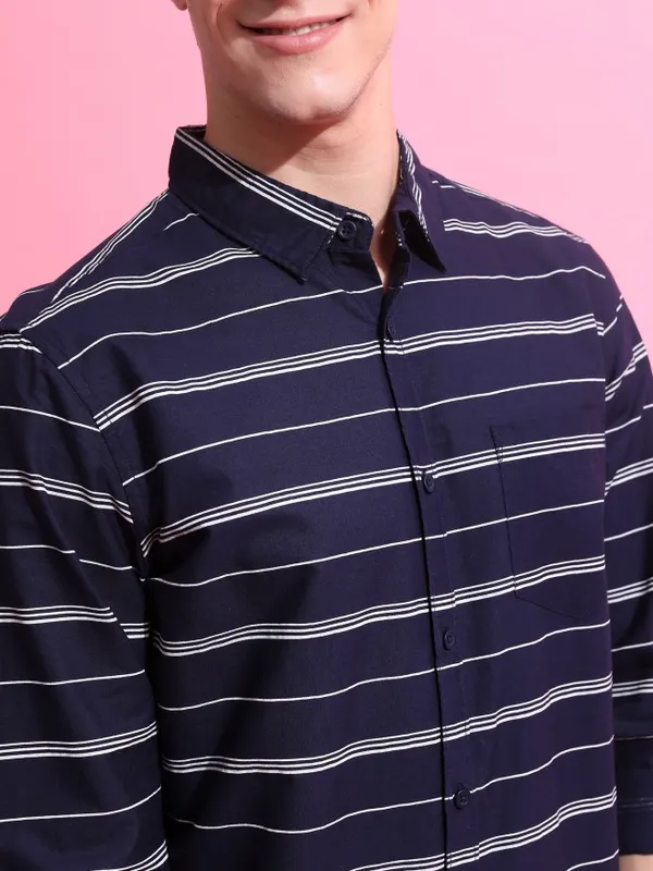  Highlander Men Navy Blue Striped Slim Fit Casual Shirts