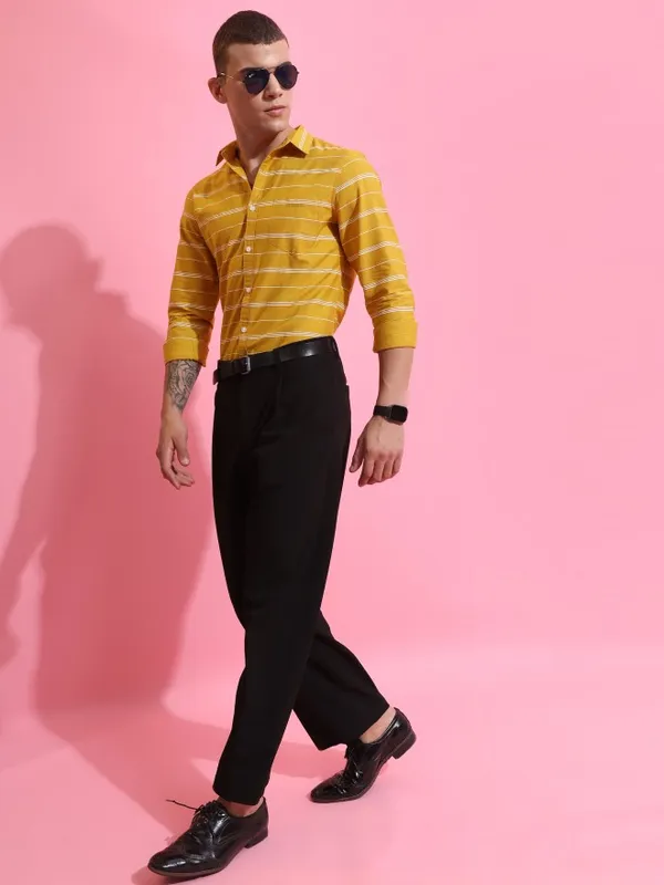  Highlander Men Yellow Striped Slim Fit Casual Shirts