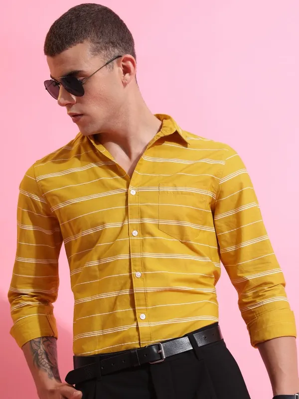  Highlander Men Yellow Striped Slim Fit Casual Shirts