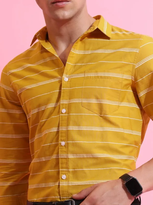  Highlander Men Yellow Striped Slim Fit Casual Shirts