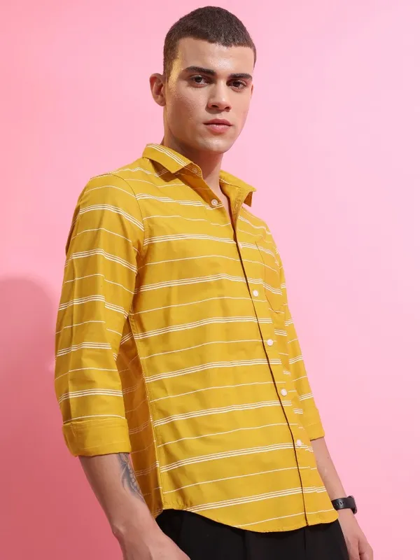  Highlander Men Yellow Striped Slim Fit Casual Shirts