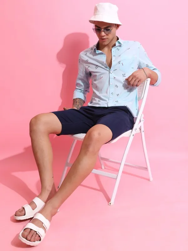  Ketch Men Blue Printed Slim Fit Casual Shirts