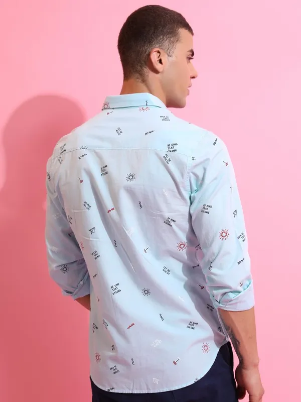  Ketch Men Blue Printed Slim Fit Casual Shirts