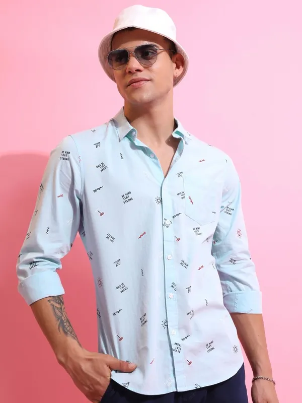 Ketch Men Blue Printed Slim Fit Casual Shirts