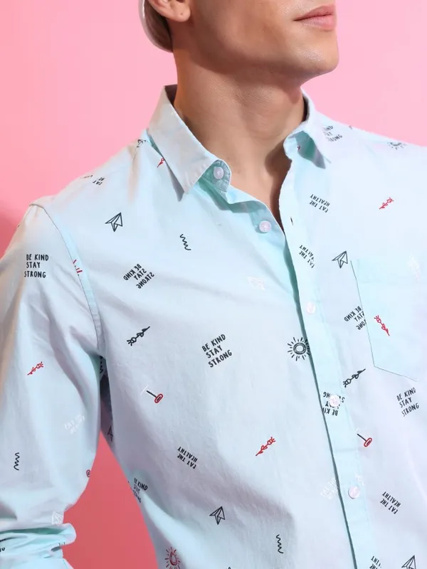  Ketch Men Blue Printed Slim Fit Casual Shirts