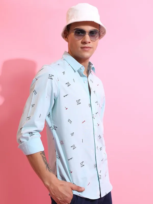  Ketch Men Blue Printed Slim Fit Casual Shirts