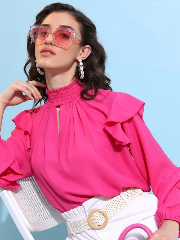 Tokyo Talkies Women Pink Solid Blouson Top