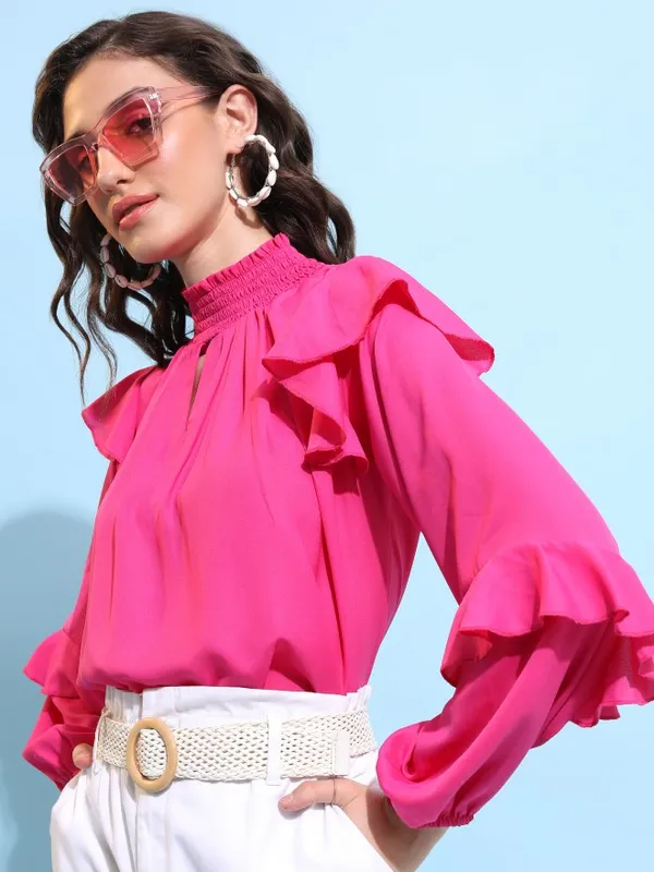 Tokyo Talkies Women Pink Solid Blouson Top