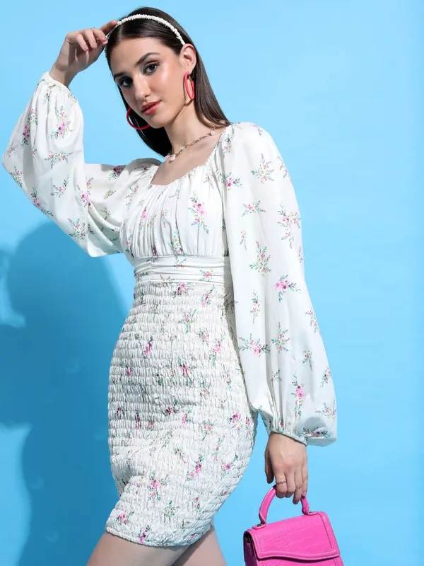 Tokyo Talkies Women Off White Printed Bodycon Dress