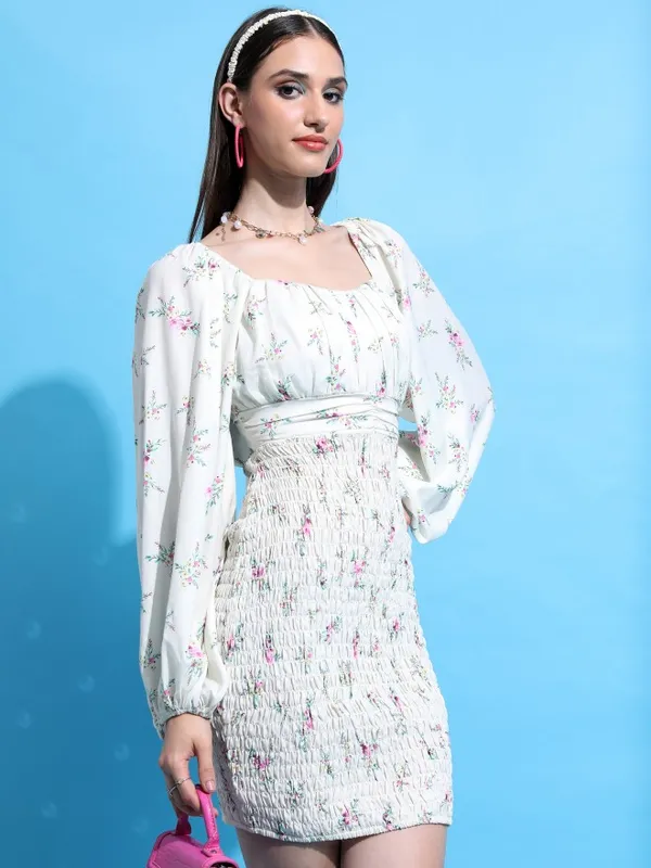 Tokyo Talkies Women Off White Printed Bodycon Dress