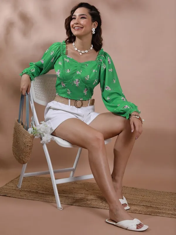 Tokyo Talkies Women Sage Printed Regular Top