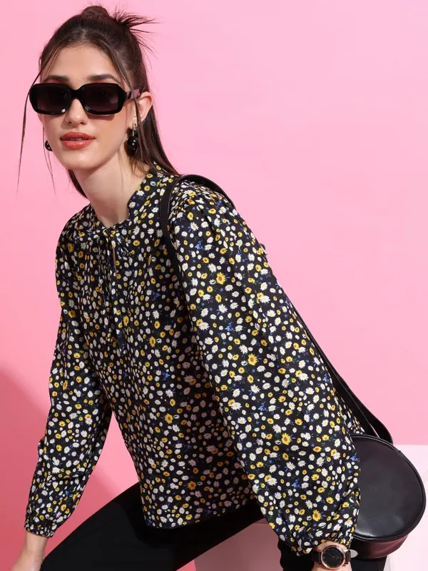  Ketch Women Black Printed Regular Tops
