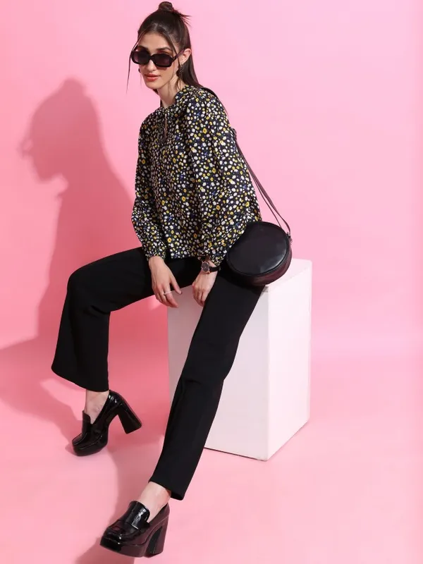  Ketch Women Black Printed Regular Tops