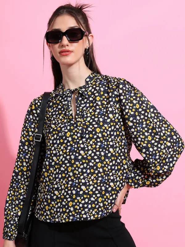  Ketch Women Black Printed Regular Tops