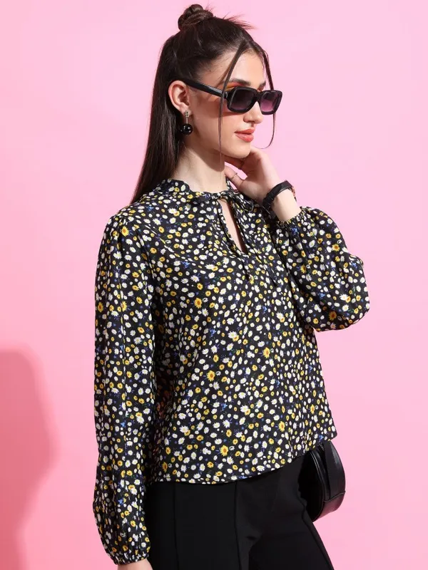  Ketch Women Black Printed Regular Tops