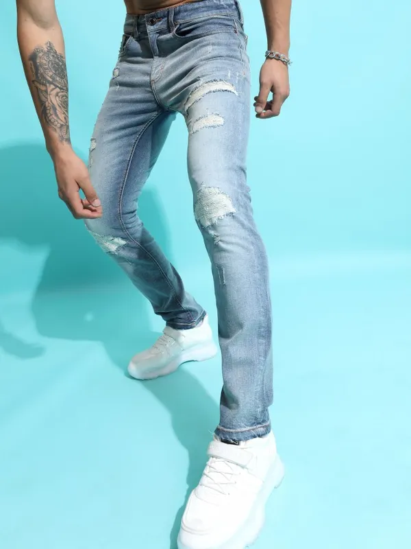  Highlander Men Blue Slim Fit Highly Distressed Jeans