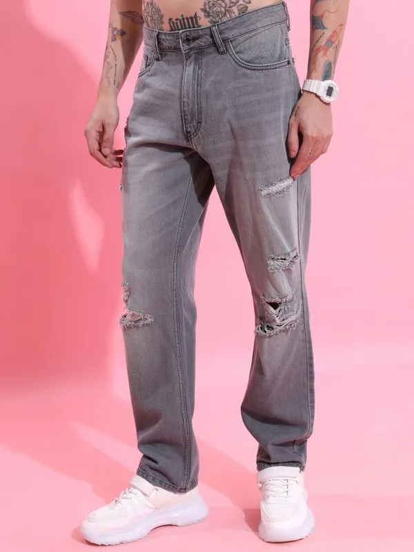  Highlander Men Grey Straight Fit Highly Distressed Jeans