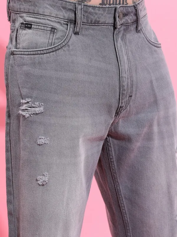  Highlander Men Grey Straight Fit Highly Distressed Jeans