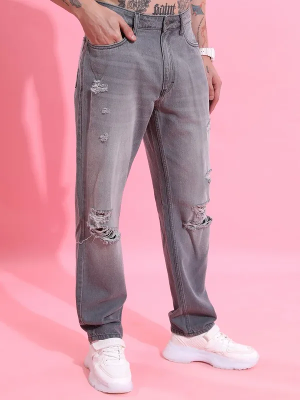  Highlander Men Grey Straight Fit Highly Distressed Jeans