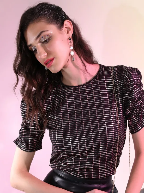 Tokyo Talkies Women Black Printed Styled Back Top