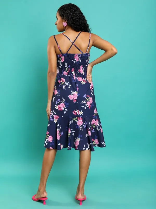 Tokyo Talkies Women Blue Printed Drop-Waist Dress