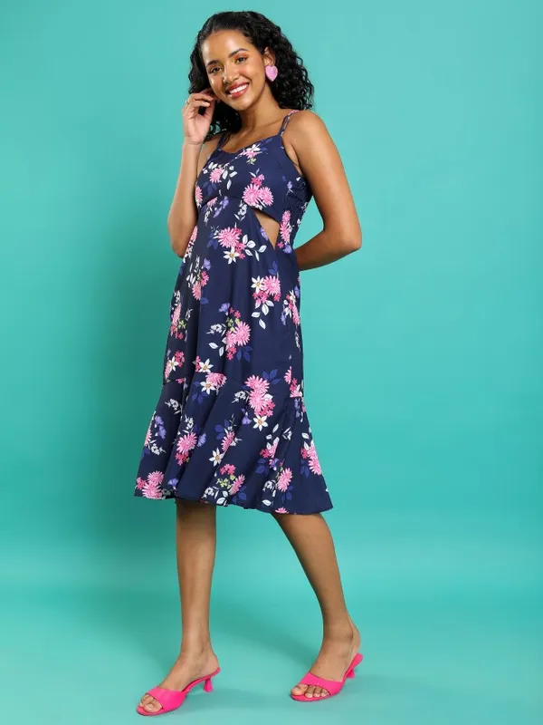 Tokyo Talkies Women Blue Printed Drop-Waist Dress