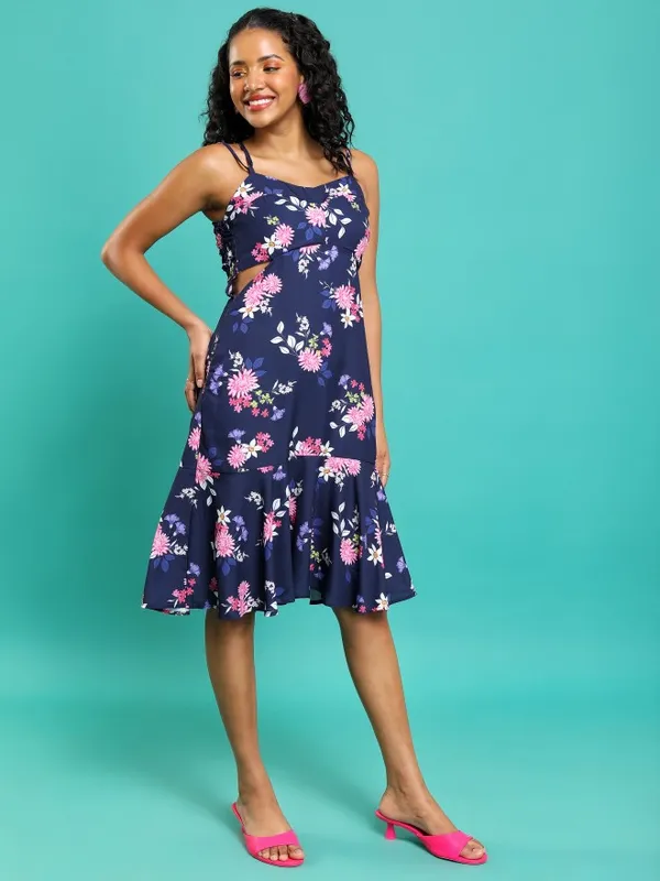 Tokyo Talkies Women Blue Printed Drop-Waist Dress